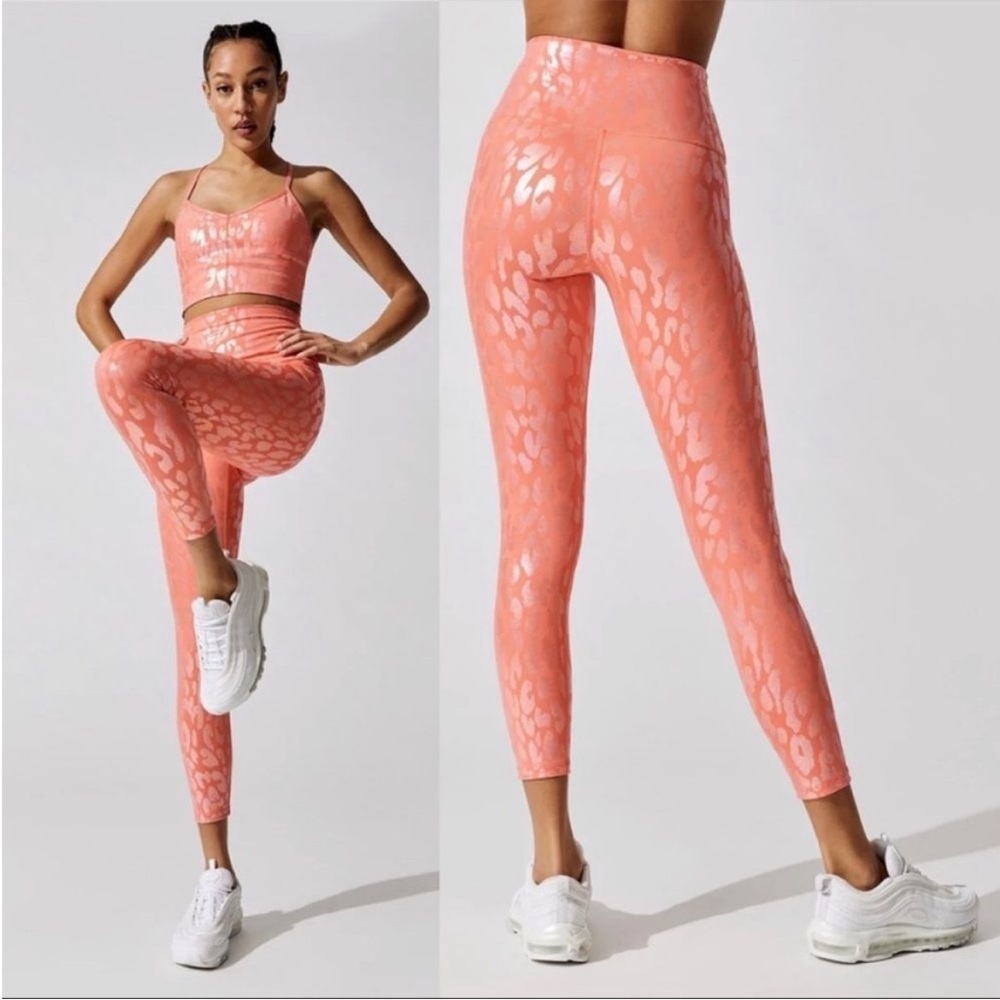 CARBON38 Metallic Foil Leopard Sport Leggings Pink Coral Orange Sz S
